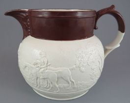 An early nineteenth century Spode feldspathic porcelain hunting sprig jug with spout drainer, c.