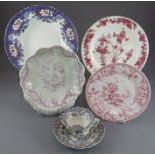 A group of early nineteenth century blue and white, red and white and black and white transfer-