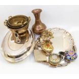 A collection of silver plated items including cigarette box trays, along with brass and copper