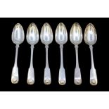 A set of six George III Scottish silver fiddle and shell  pattern table spoons, each engraved with