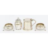 A group of silver condiments to include: a pair of Victorian circular salts by Hilliard &