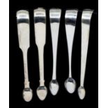 Five various early 19th Century silver sugar nippers / tongs, two fiddle pattern, various dates