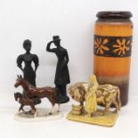 1960s West German vase, two black Wedgwood style figures, horse figure and milk maid figure