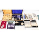 A collection of cased mid to late 20th Century silver plated items including fish sets and flat