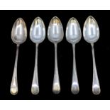 A set of five William IV Scottish silver Old English and Thread table spoons, each engraved with