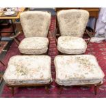 Ercol: 4 vintage Ercol armchairs with padded cushions plus two footstools with cushions.