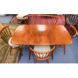 Ercol table with 3 chairs and a bench seat in medium red colour. Spindle back to seats.