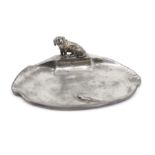 WMF pewter card tray decorated with a dachshund and a lizard. Condition: plating slightly worn,