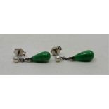 A pair of French 18ct. white gold, jade, diamond and pearl drop earrings, c.1920's, each set