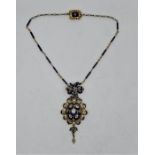 A fine precious yellow metal, blue enamel and pearl necklace together with a blue enamel and diamond