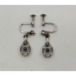 A pair of 18ct. white gold, sapphire and diamond set drop earrings, in the Art Deco style, having