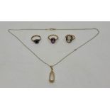 A collection of jewelery, to include: A 14ct. gold and cultured pearl pendant suspended from 9ct.