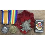 WW1 medals of War and Victory, cap badge and vesta case belonging to 1495 PTE D.S Dewar of the Royal