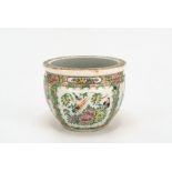 A Chinese porcelain canton ware jardiniere  painted in Famille Rose with 2 figural palace scenes,