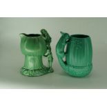 Two green Art Deco glazed jug/vases Height 9 1/2" (2)