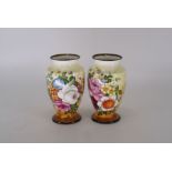 A pair of English porcelain baluster vase painted with floral bouquets  Height 7 1/4"