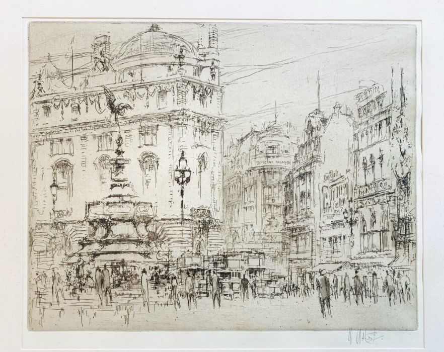 William Walcot (Scottish, 1874-1943). Piccadilly Circus, London, drypoint etching, signed in