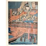 19th Century Japanese Ukiyo-e colour woodblock print, geisha in boat house, 35cm by 24cm, framed &