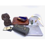 Mixed collection of gentlemen's accessories to include a crushed morocco tobacco case, a leather