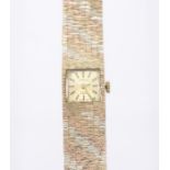 A ladies 9ct gold tri coloured Perona watch, square gold tone dial, baton markers, case approx 15mm,