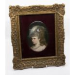 A Berlin oval plaque depicting a young Lady, she wears a two strand pearl necklace, her hat with