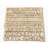 An 18th century sampler, alphabet and numbers, verse 'Labour not only o know what you ought but to