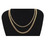 Three 9ct gold rope twist link chain, length approx 16 and 18'', weight approx 19.6gms Further