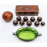 A collector's lot to include: Puzzle ball, razor box and carpet bowls  Art Nouveau pewter shaped