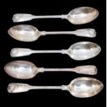 A set of five George V fiddle, thread and shell pattern dessert spoons, hallmarked by FH&S., London,