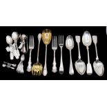 A collection of silver flatware to include: 3 x 19th Century fiddle pattern table spoons; George