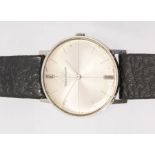 A 1960's Jaeger LeCoultre steel cased gents wristwatch, comprising a round silvered split dial, fine