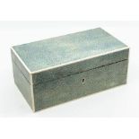 An Art Deco blue shagreen cigar / cigarette box, with fitted interior, ivory banding, the inside