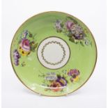 A Bloor Derby saucer dish, decorated with flower groups on an apple green ground, c.1820, approx