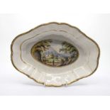 An interesting lozenge shaped dessert dish, decorated with a polychrome landscape,  (illustrated