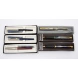 A collection of Parker pens in boxes, to include three fountain pens with spare ink cartridges and