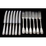 A matched set of six William IV fiddle, thread and shell table forks, each engraved with a crest,