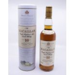 A bottle of Macallan 10 year old single Highland malt Scotch whisky, old style label, 40% abv, 70cl,
