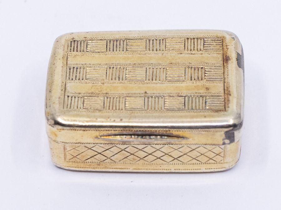 A George III silver-gilt vinaigrette, bright-cut engraved basket weave and geometric pattern to