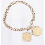 A 9ct gold curb link bracelet suspending two mounted half sovereigns, including  Edward VII dated