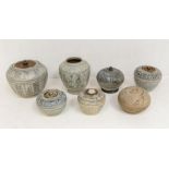 A group of six blue and white Sawankhalok boxes and covers, and a jar Sukhothai period, (