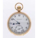 A 9ct gold open faced pocket watch by Barbricos, white dial with Arabic number markers, subsidiary