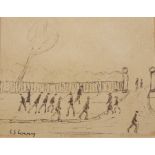 L S Lowry (British, 1887-1976) Figures on a road walking past park gate and fence pen & ink sketch