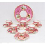 A mid 19th Century Copeland set of six cabinet cups and saucers with matching cake plate, cerise