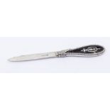 A George V silver and inlaid tortoiseshell letter opener, the leaf capped handle with floral