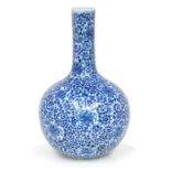A Chinese blue and white ‘lotus’ bottle vase, tianqiuping, Qianlong seal mark, Republican period,
