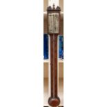C Corty of London mahogany stick barometer with exposed tube. Brass silvered dial with thermometer