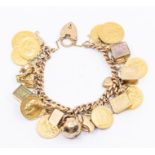 A charm 9ct gold charm bracelet suspending various charms including six half sovereigns dated