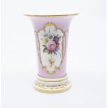 A S&H King Street Derby pink ground spill vase, decorated with fruit and flowers within raised paste