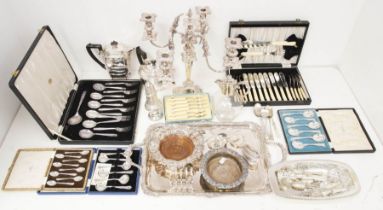A collection of silver plate, EPNS, EP to include: Victorian silver plate four branch candelabra;