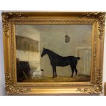 In the manner of Samuel Spode Study of a black horse in a stable with a pointer oil on canvas, 58